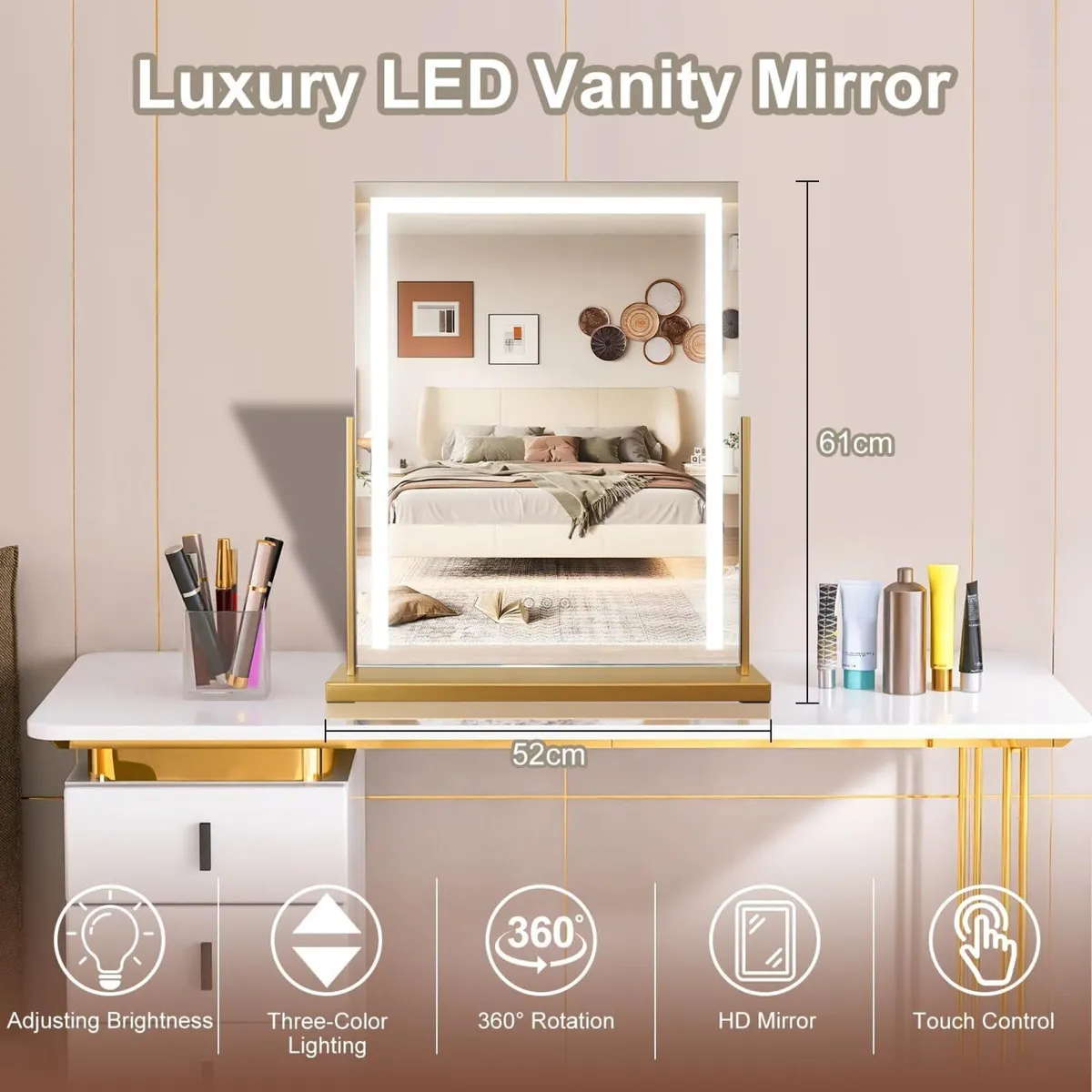 Gold Square dressing table mirror with lights 3 - Image 2