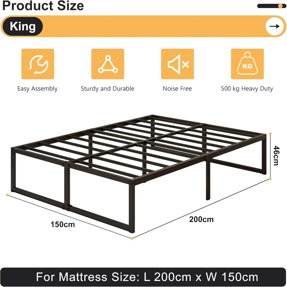 King Size Bed Frame 150x200 cm - 46 Height with - Image 2