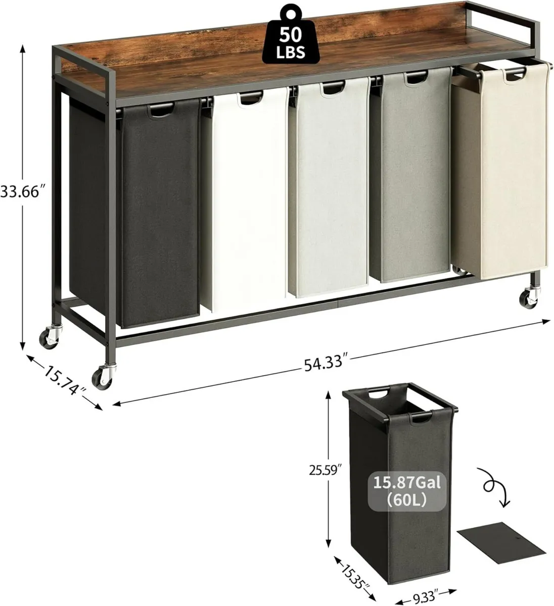 300L Laundry Basket 5 Compartments Hamper with - Image 3