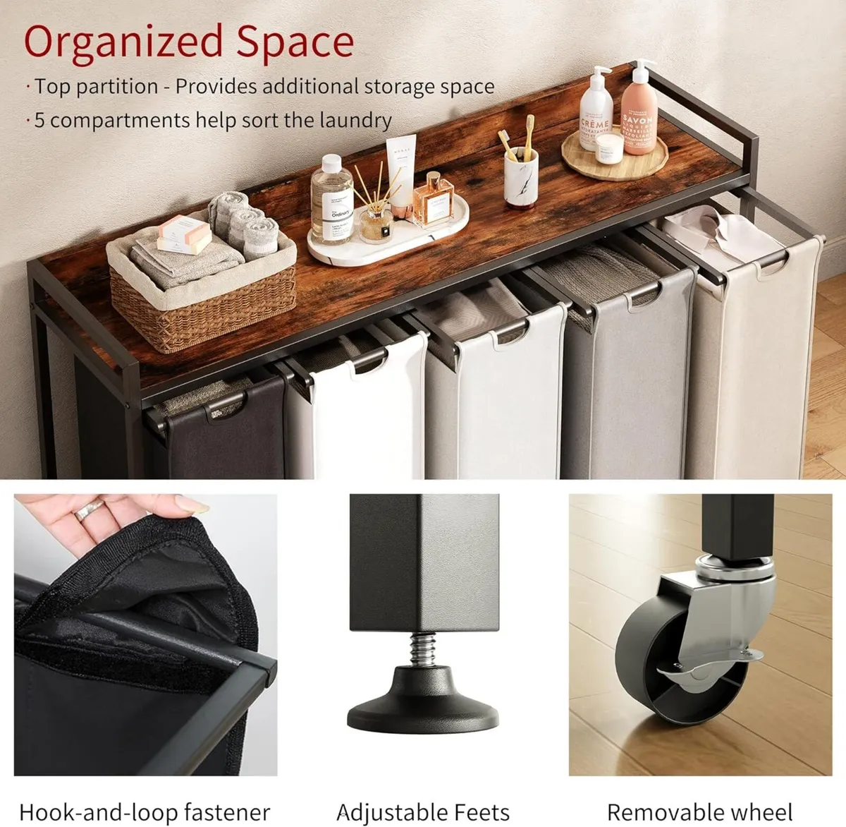 300L Laundry Basket 5 Compartments Hamper with - Image 4