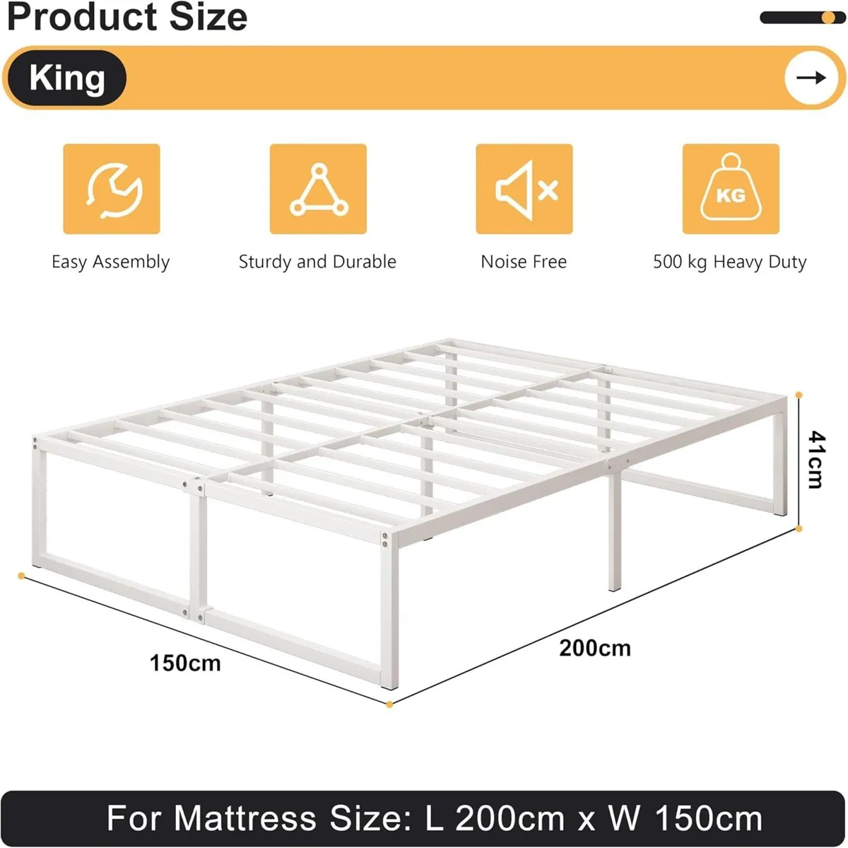 King Size Bed Frame 150x200 cm Metal Platform - Image 2