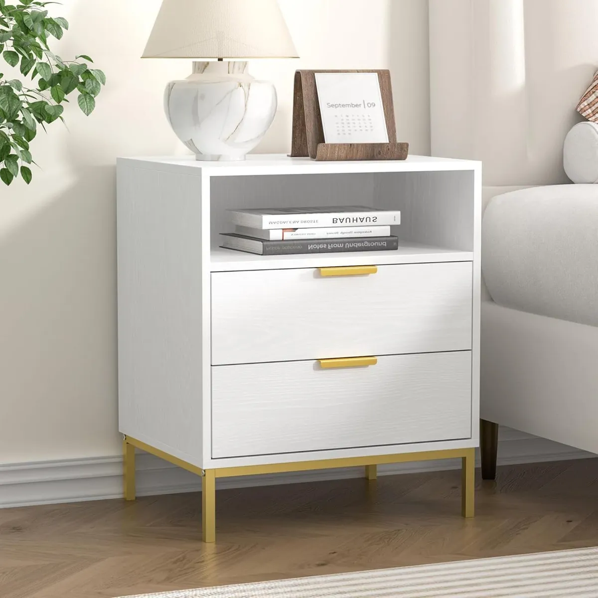 White Bedside Table with 2 Drawers Modern - Image 1