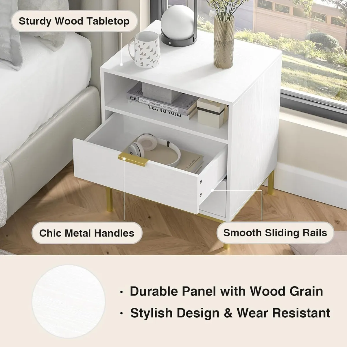 White Bedside Table with 2 Drawers Modern - Image 4