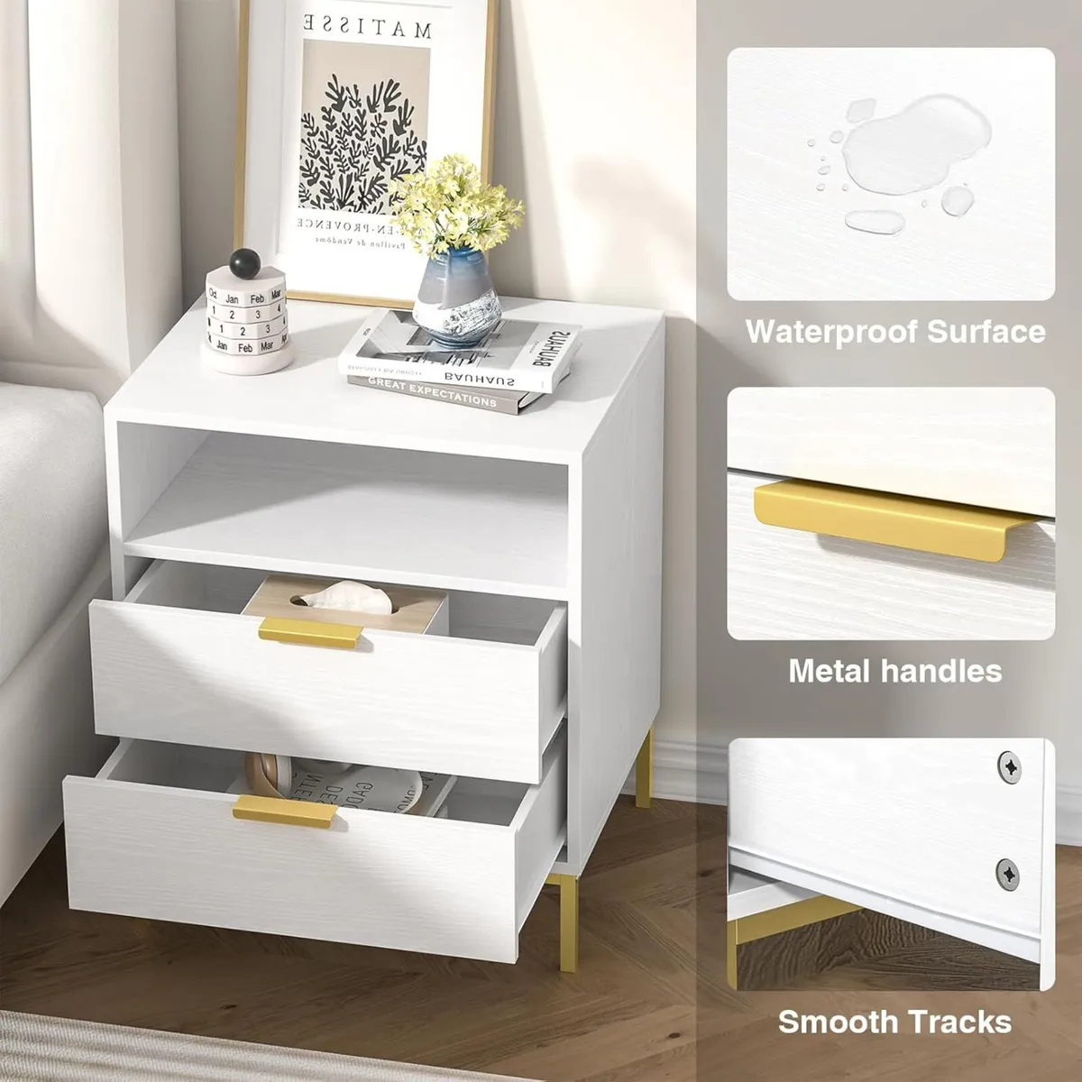 White Bedside Table with 2 Drawers Modern - Image 3