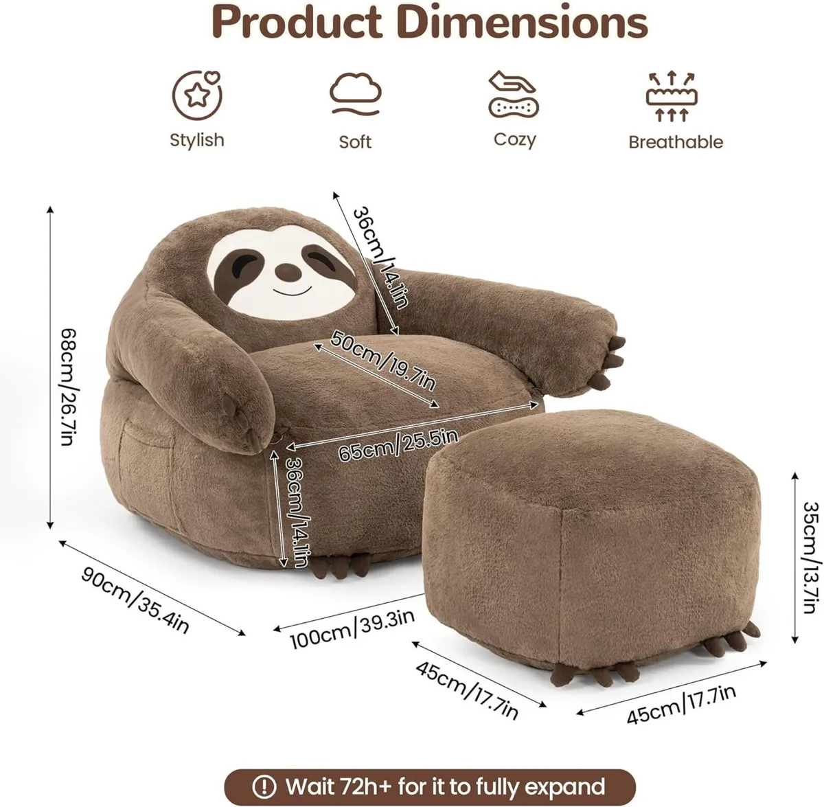 Bean Bag Chair Sloth with Footstool BeanBag - Image 3
