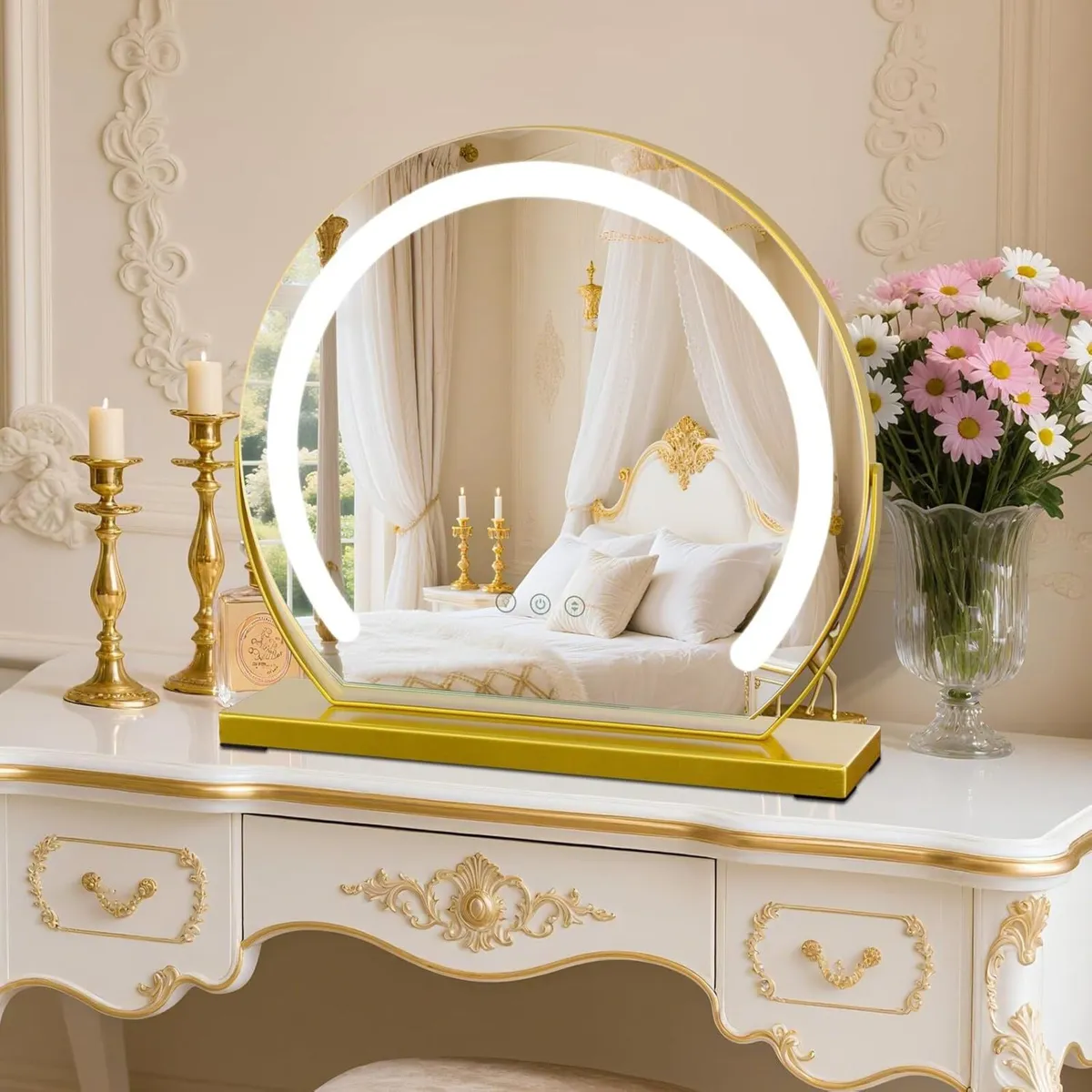 Gold Round Makeup Mirror with Light 3 Colors - Image 1