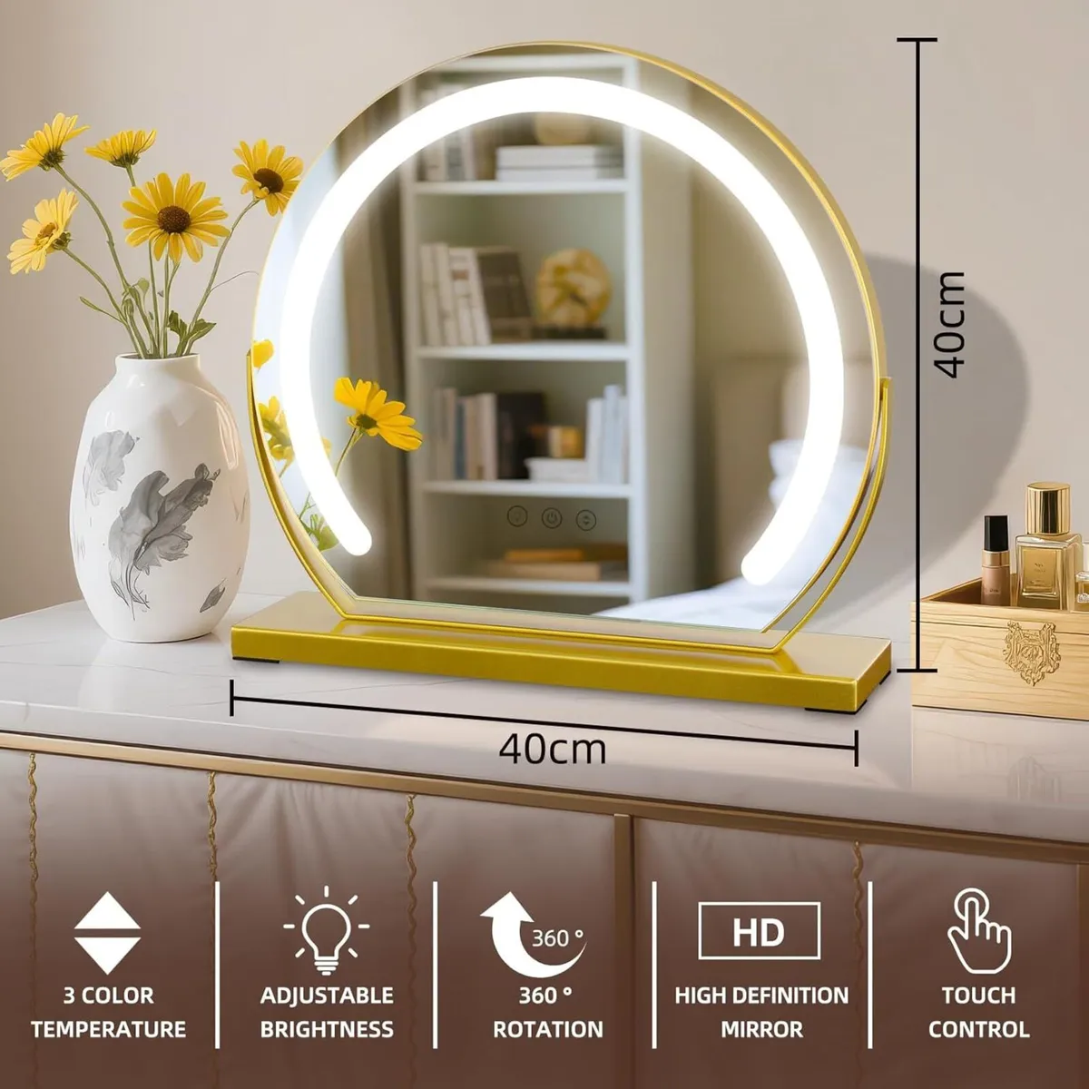 Gold Round Makeup Mirror with Light 3 Colors - Image 2