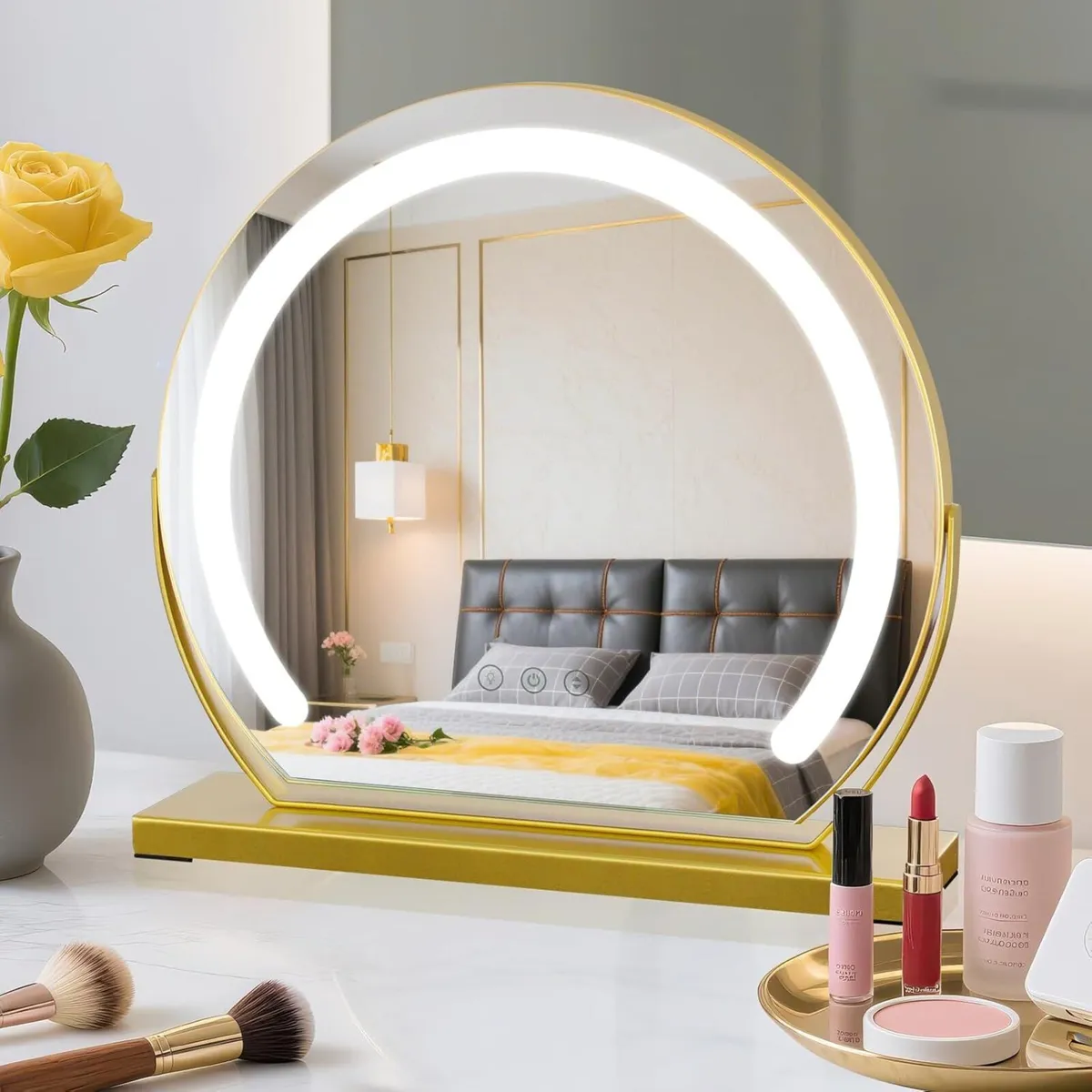 Gold Round Makeup Mirror with Light 3 Colors - Image 3