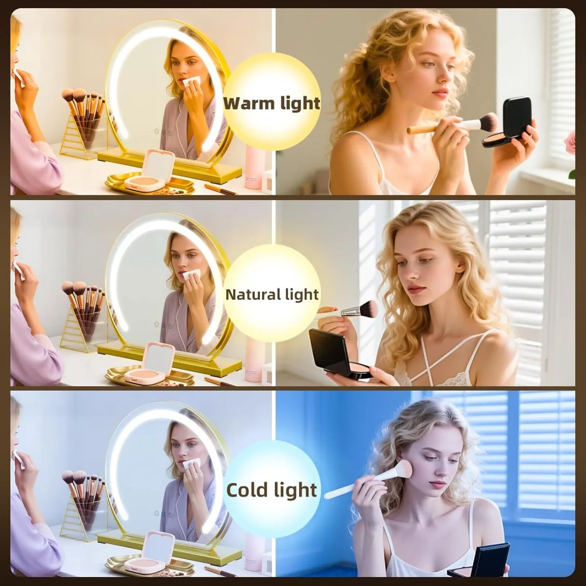 Gold Round Makeup Mirror with Light 3 Colors - Image 4
