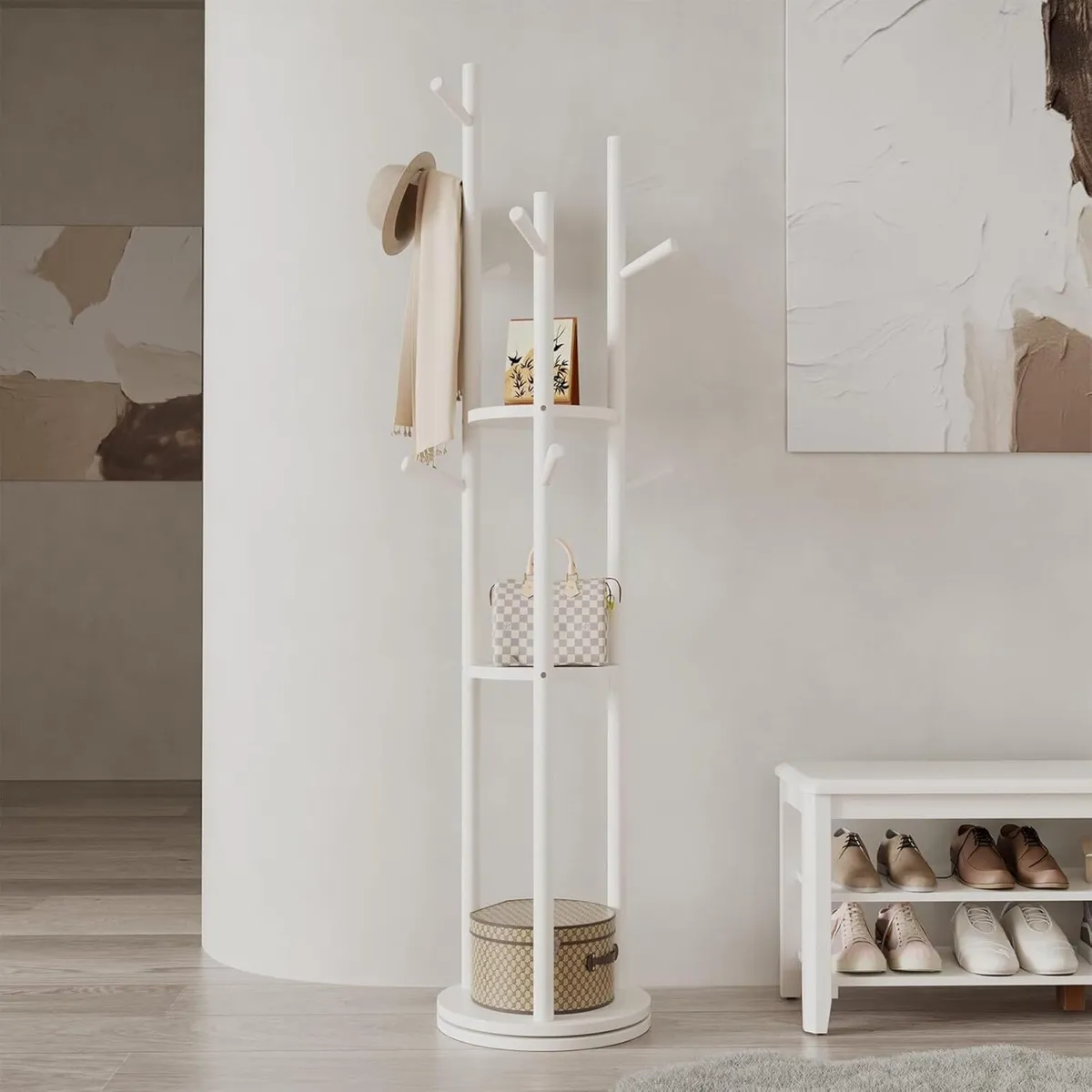 Coat Stand Woodem Rack with 3 Storage Shelves and - Image 1