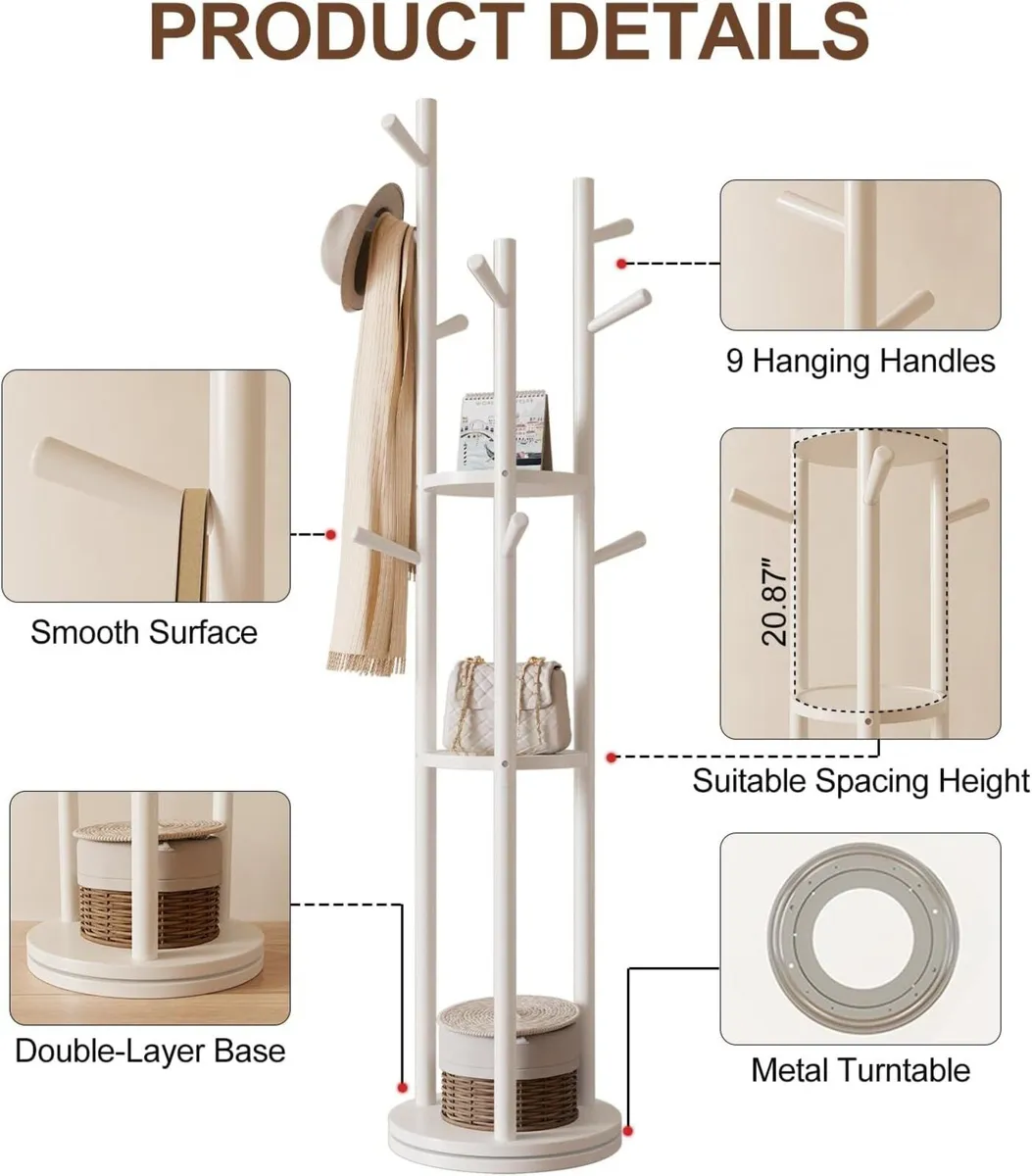 Coat Stand Woodem Rack with 3 Storage Shelves and - Image 3
