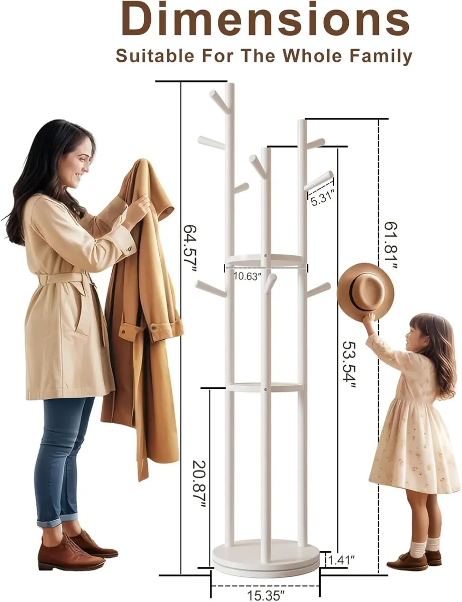 Coat Stand Woodem Rack with 3 Storage Shelves and - Image 2