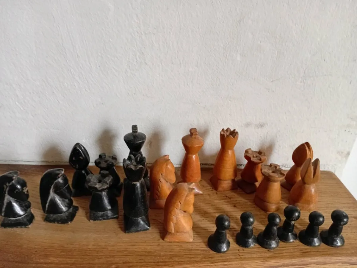 antique carved chess piece set - Image 1