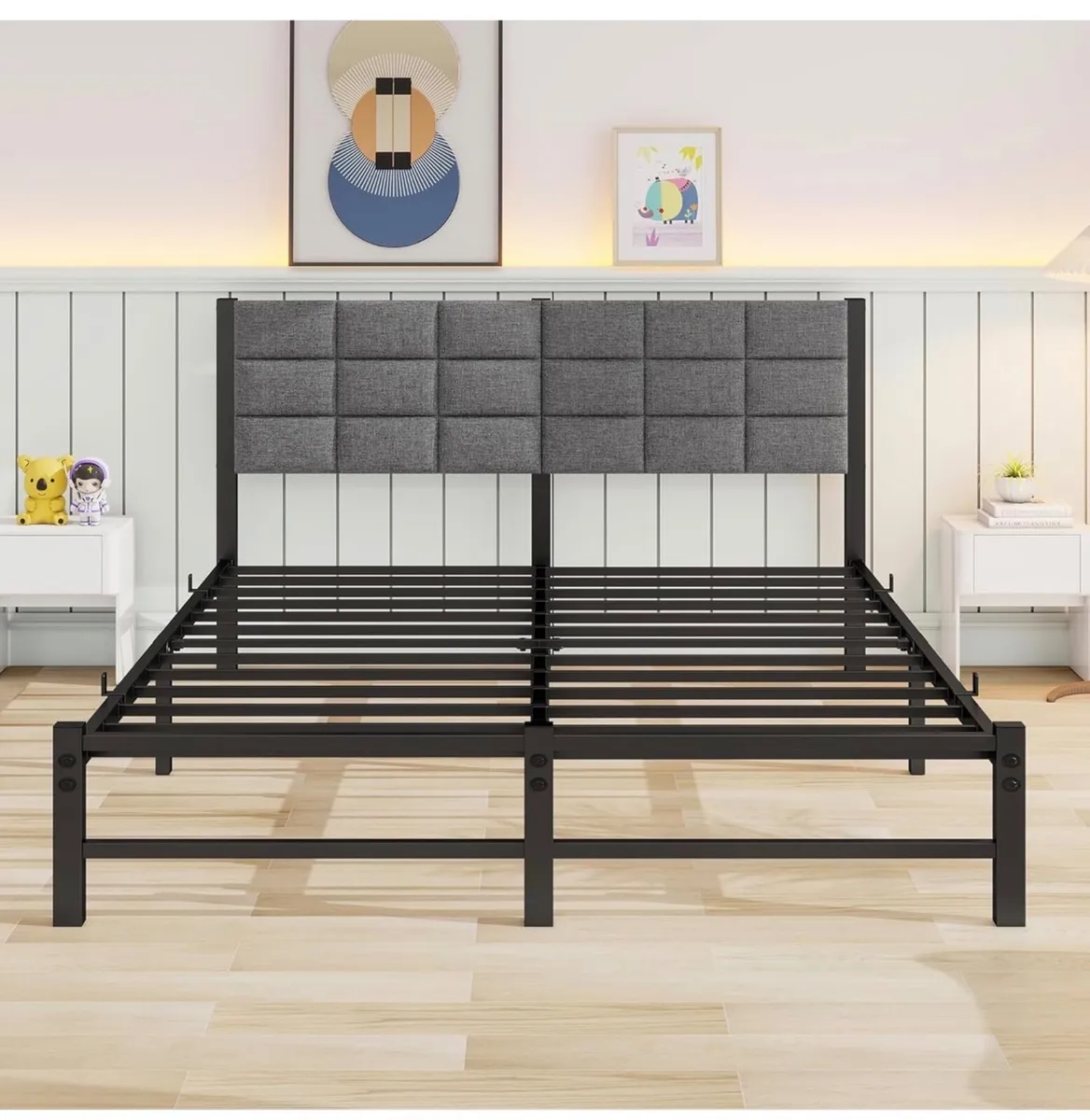 King Size Bed Frame Upholstered Platform Bed with - Image 1