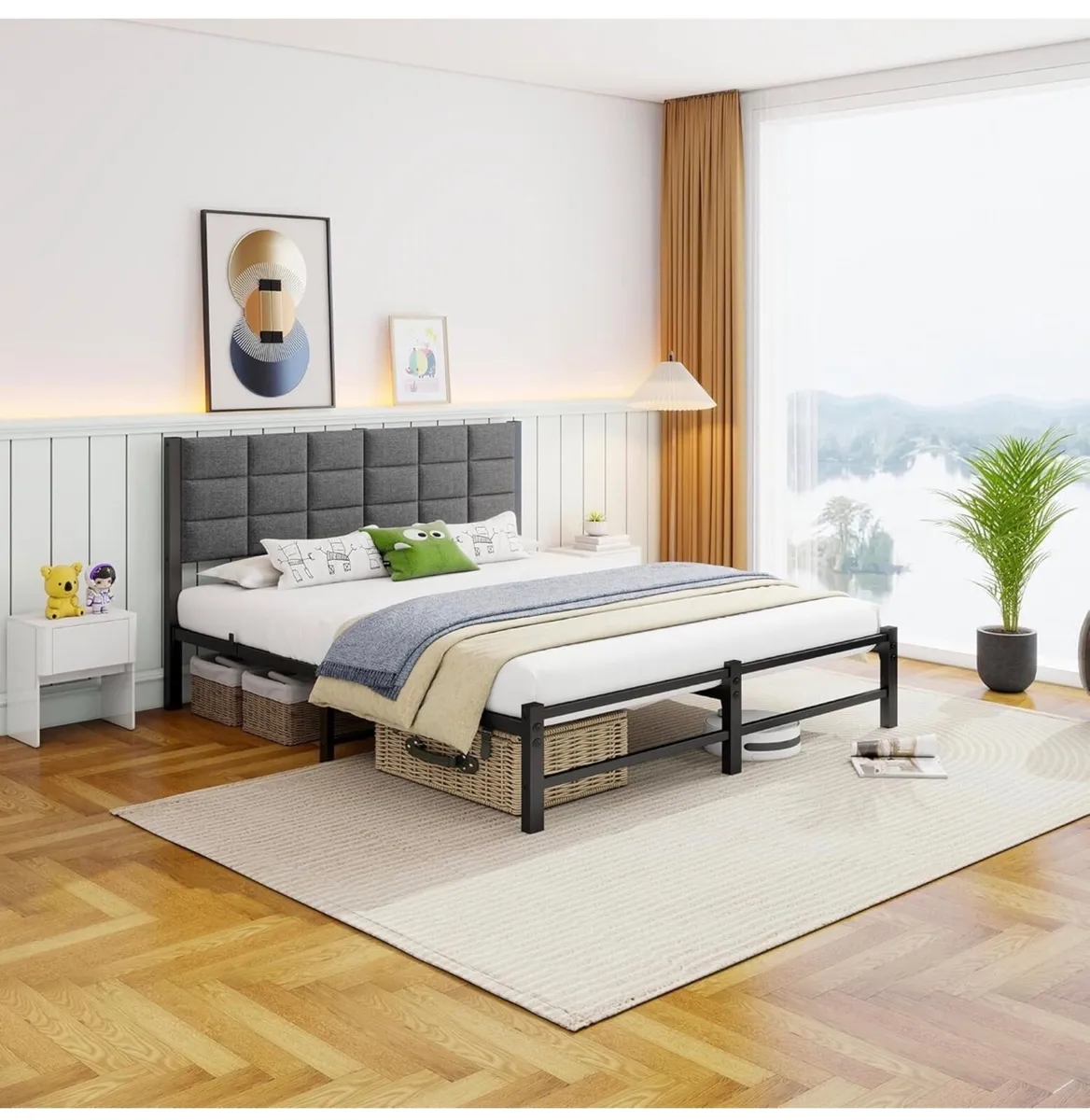 King Size Bed Frame Upholstered Platform Bed with - Image 2