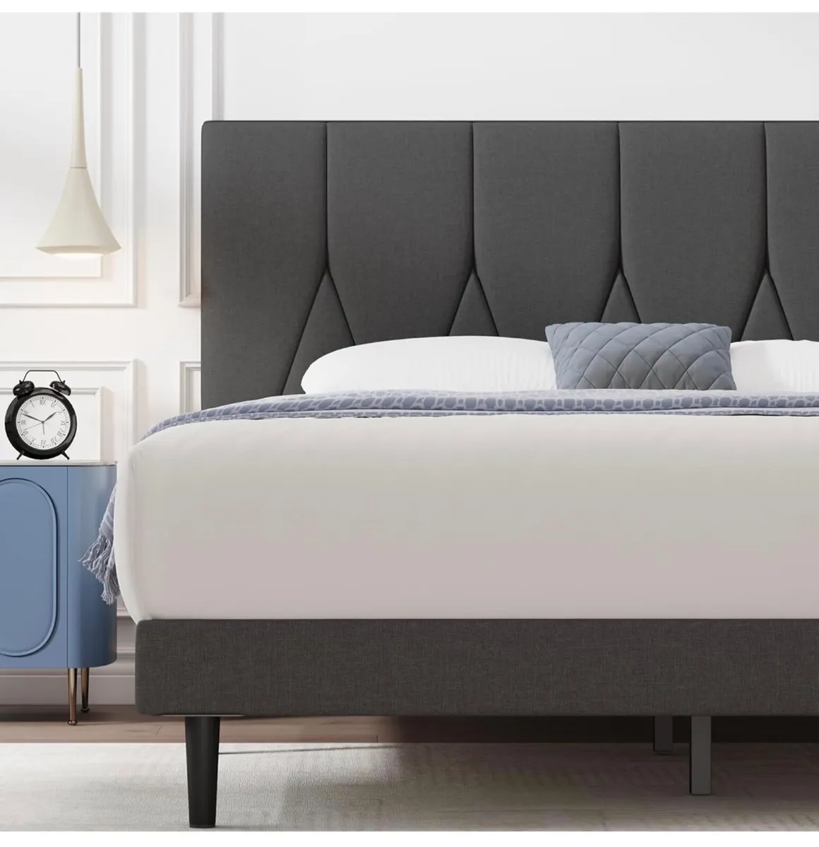 King Bed Frame, Dark Grey, Upholstered Wooden Slat - Image 2