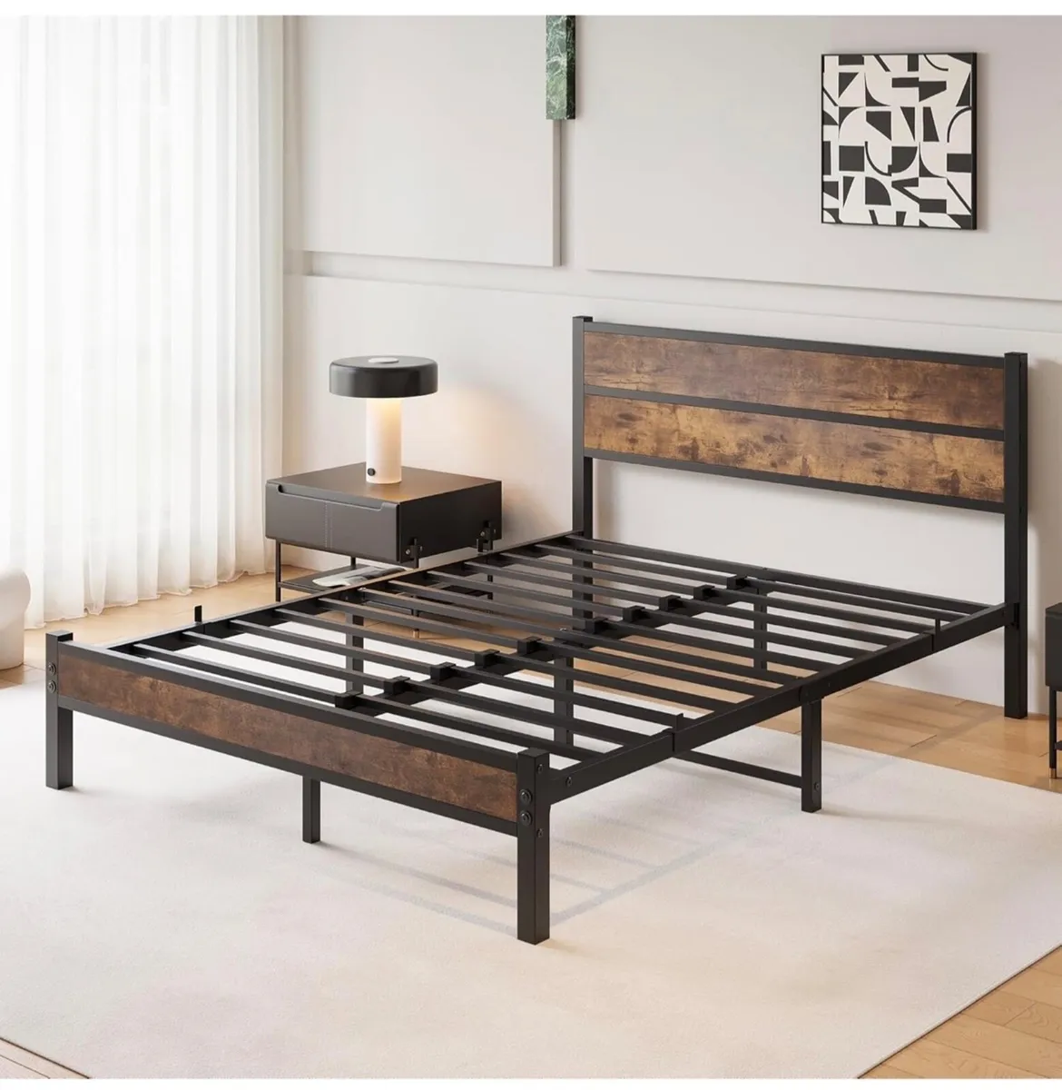 King Size Bed Frame with Wooden Headboard Bed Fram - Image 4