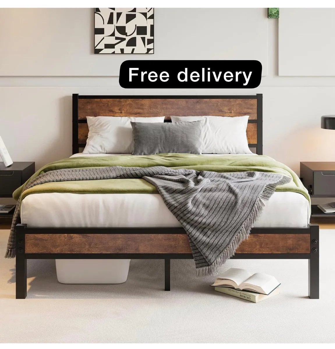 King Size Bed Frame with Wooden Headboard Bed Fram - Image 1