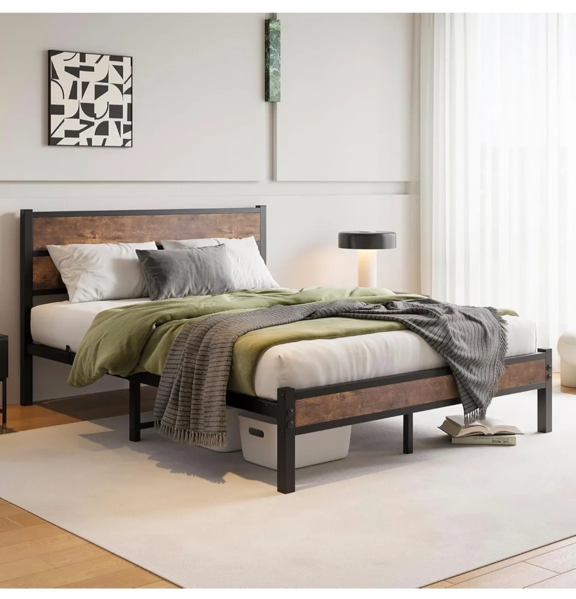 King Size Bed Frame with Wooden Headboard Bed Fram - Image 1