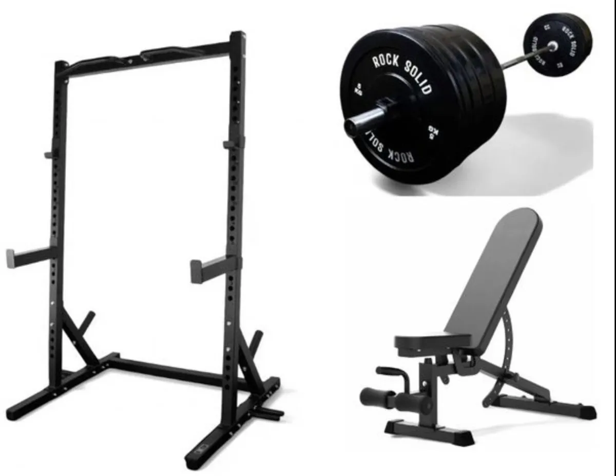 Squat rack, barbell, weight plates, bench (new) - Image 1