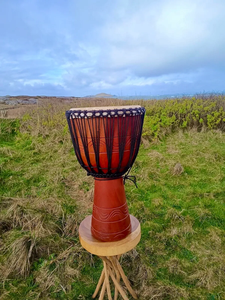 Tall Carved African Wooden Djembe Drum - Image 1