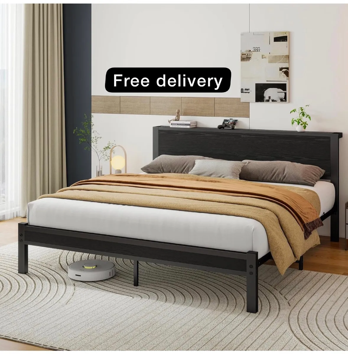 King Size Bed Frame with Wooden Storage Headboard - Image 1