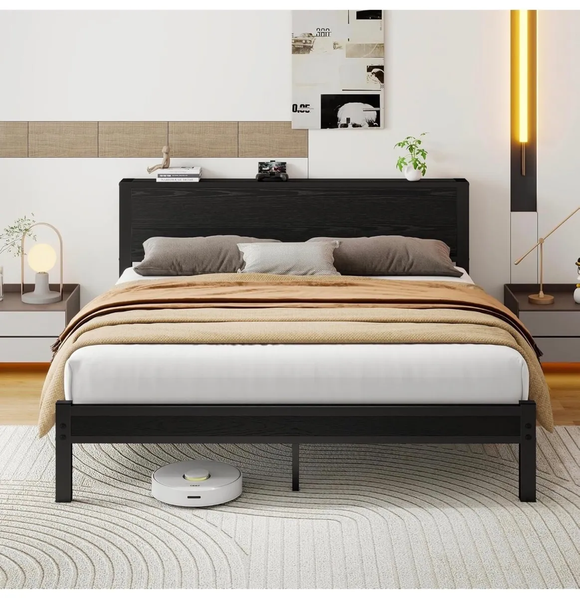 King Size Bed Frame with Wooden Storage Headboard - Image 1