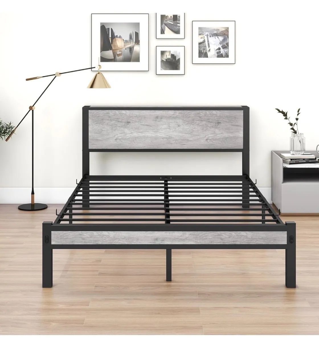 King Size Bed Frame with Storage Wooden Headboard - Image 2