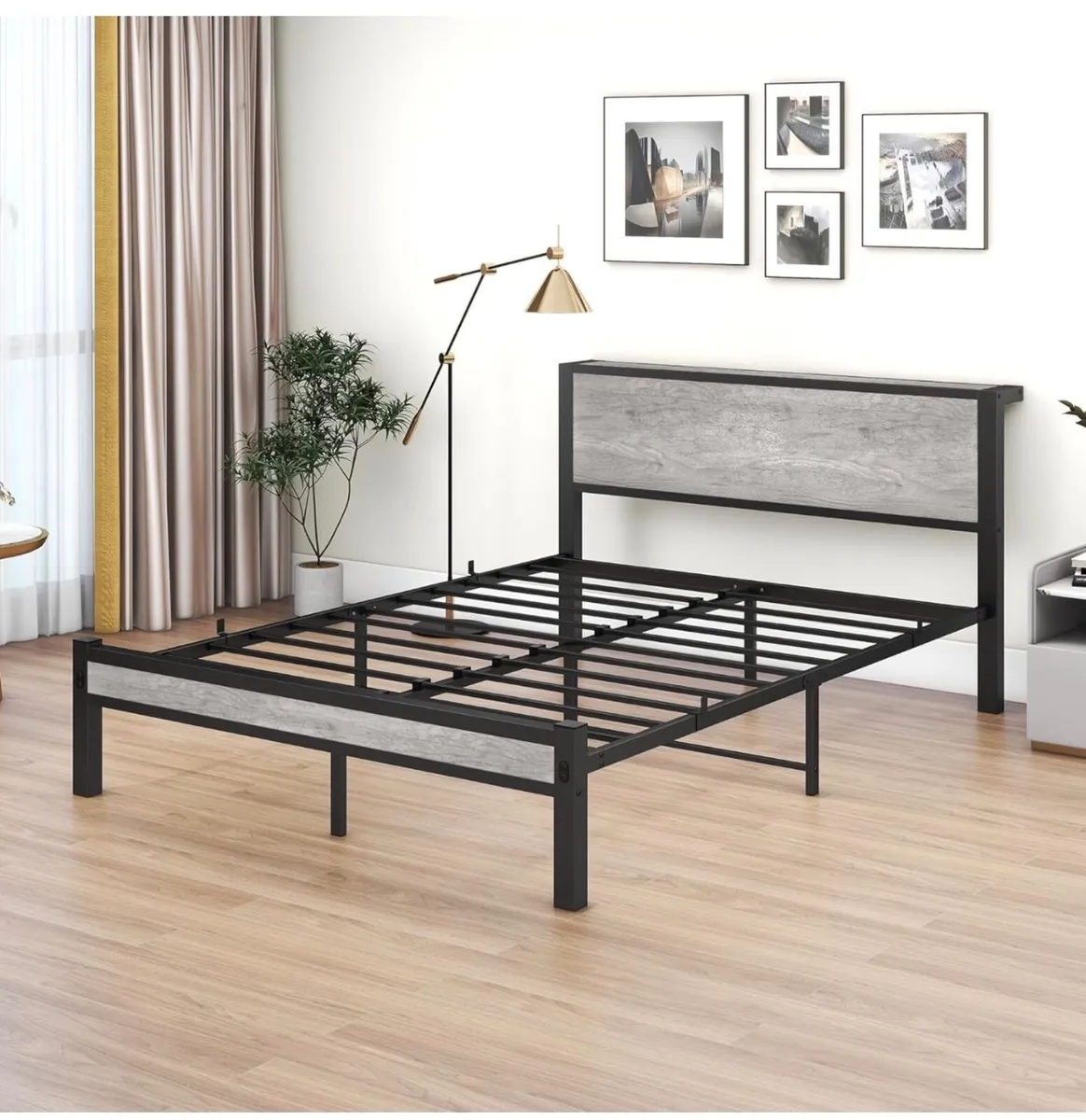 King Size Bed Frame with Storage Wooden Headboard - Image 3
