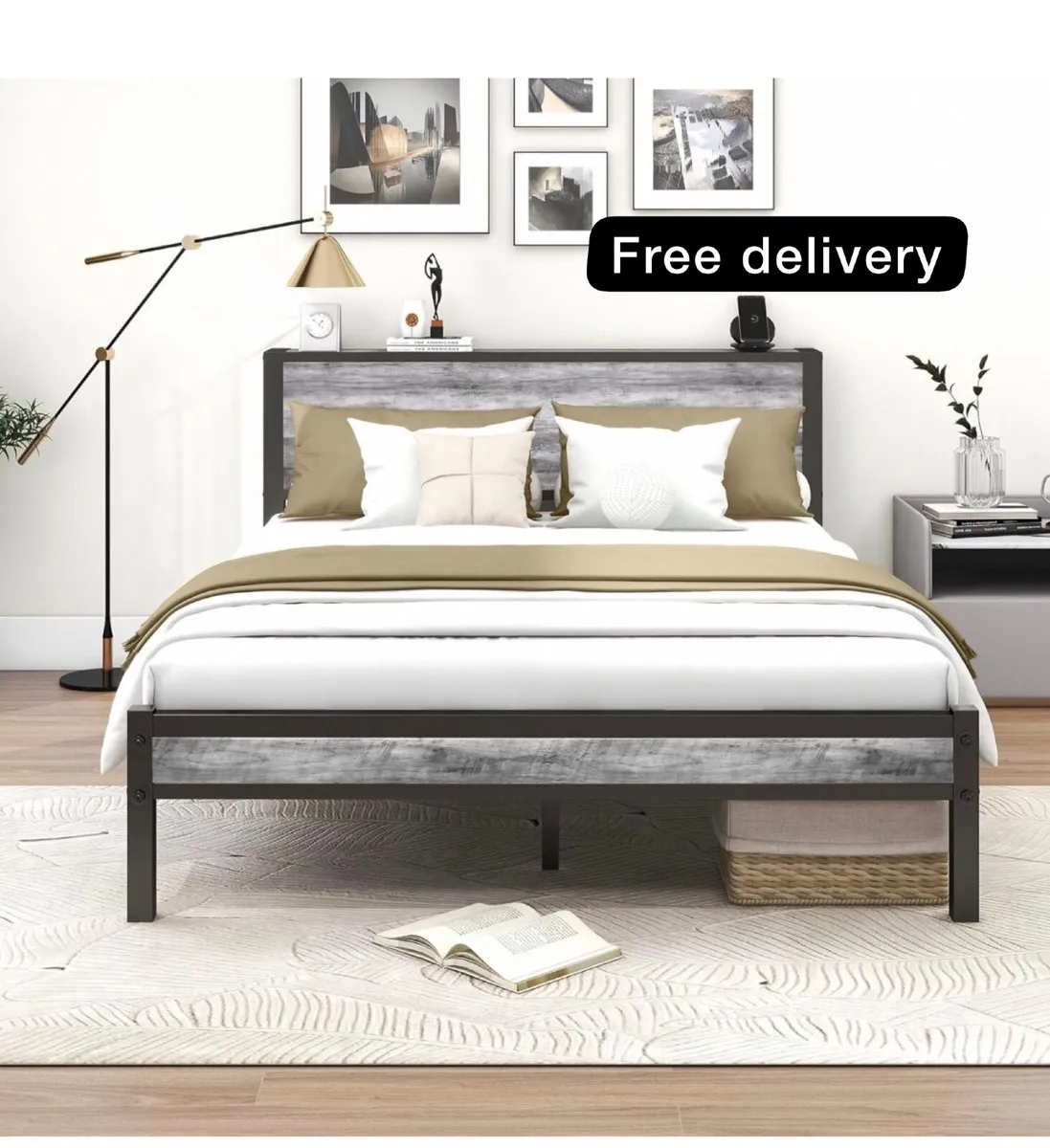 King Size Bed Frame with Storage Wooden Headboard - Image 1