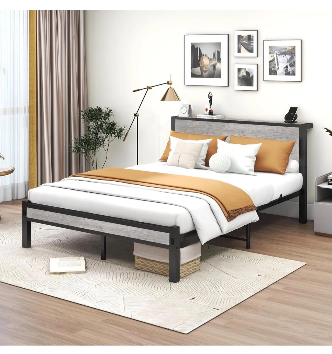 King Size Bed Frame with Storage Wooden Headboard - Image 1