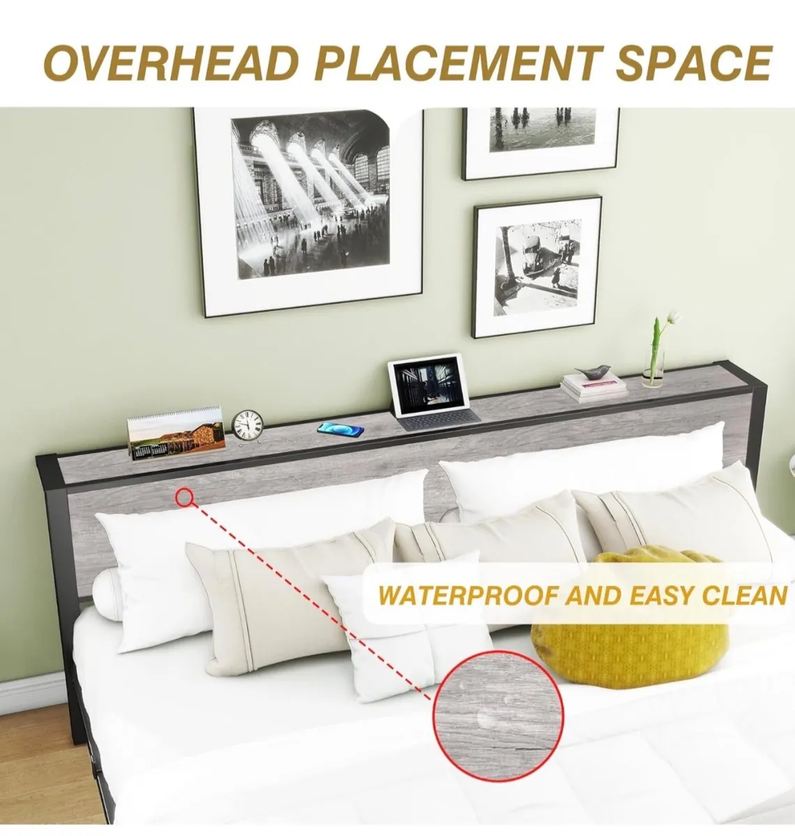 King Size Bed Frame with Storage Wooden Headboard - Image 2