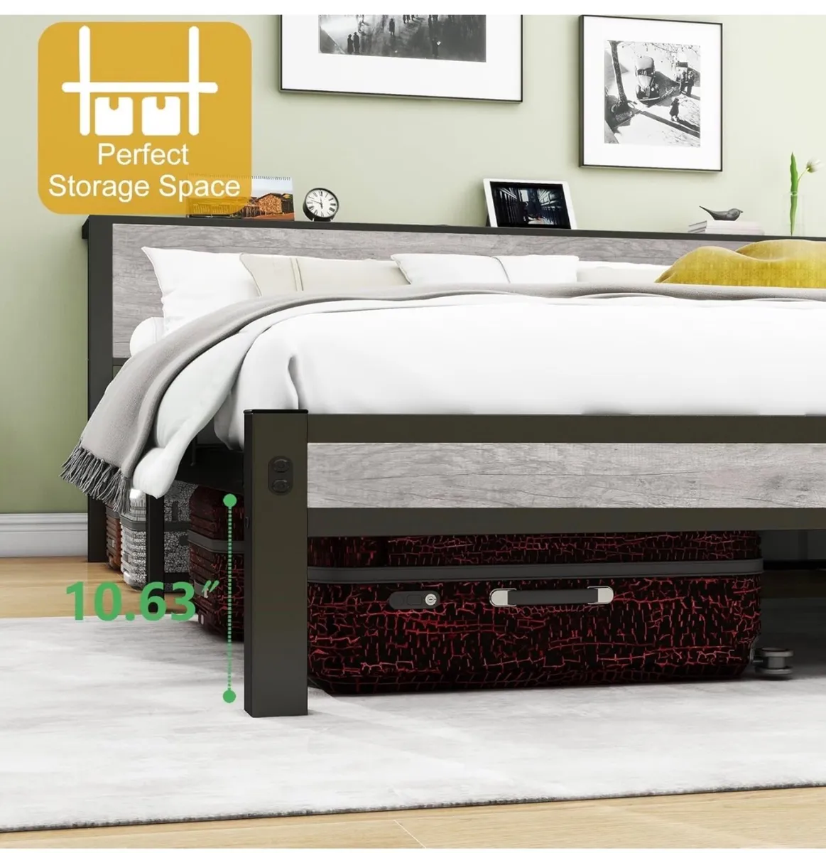 King Size Bed Frame with Storage Wooden Headboard - Image 3