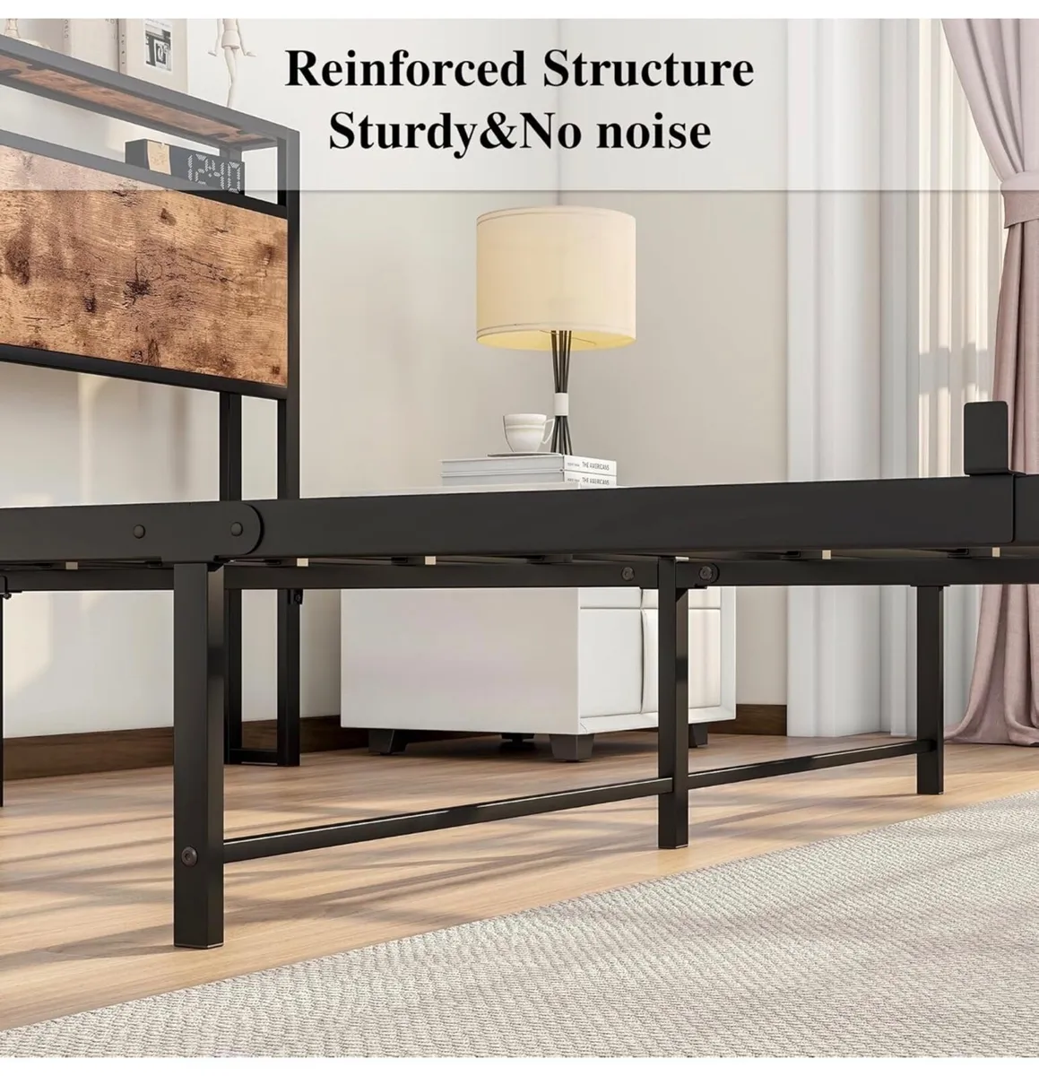 King Size Bed Frame with Storage Wooden Headboard, - Image 2