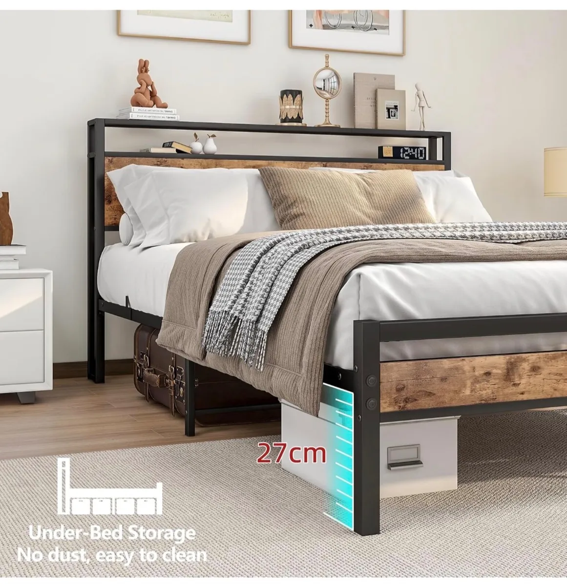 King Size Bed Frame with Storage Wooden Headboard, - Image 3