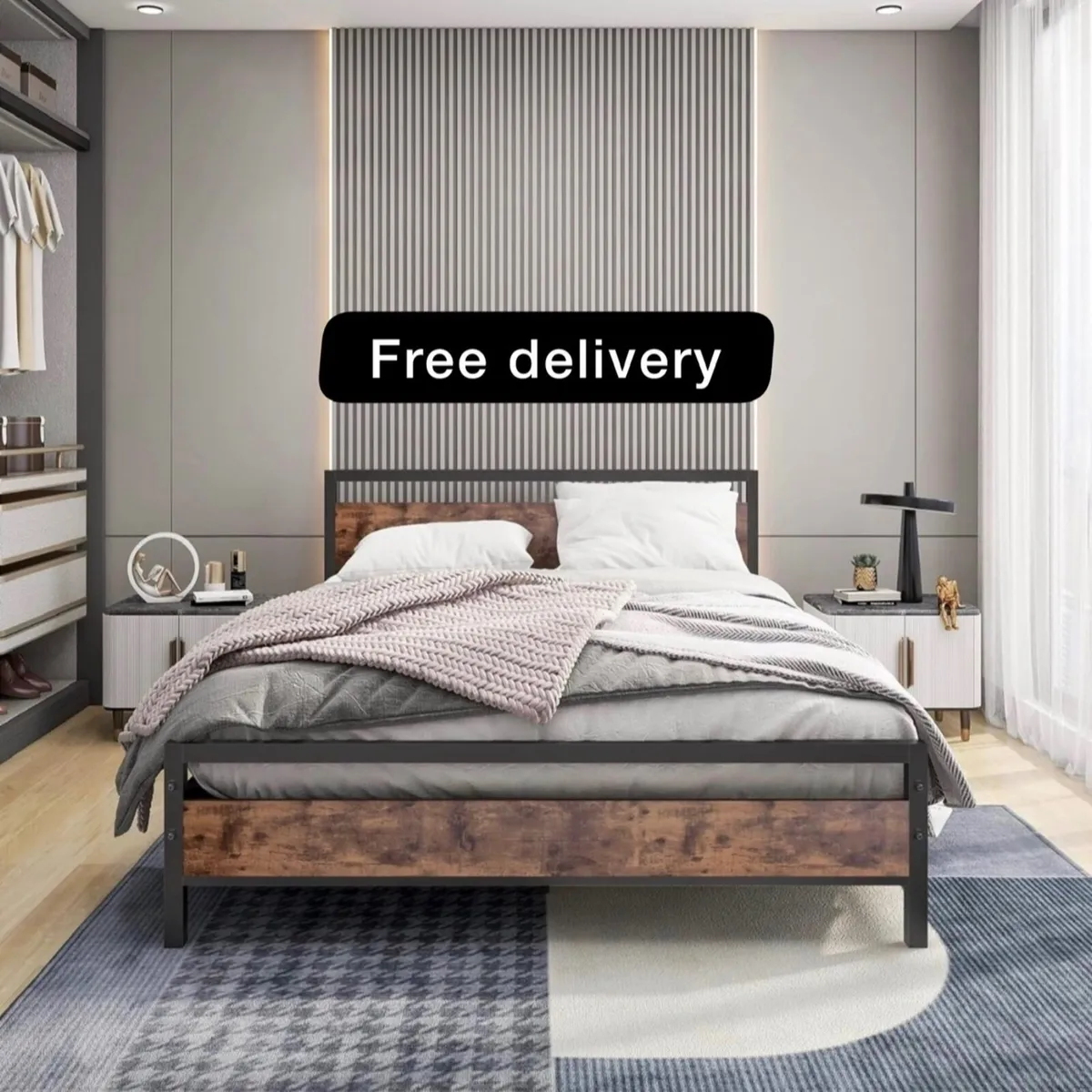 King Size Bed Frame with Wood Headboard - Image 1