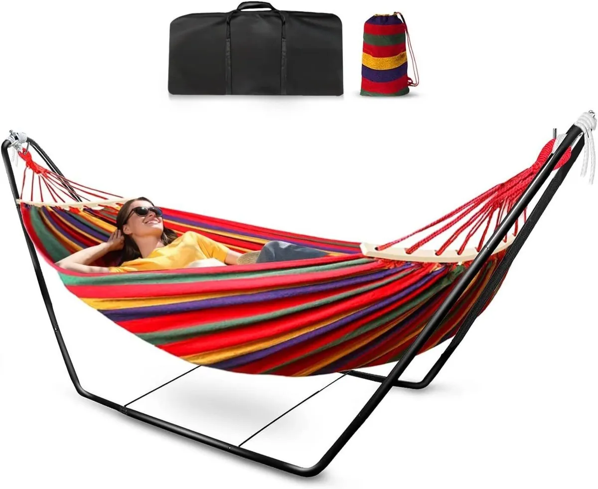 Hammock w/Stand Double Cotton Spreader Bars - Image 1