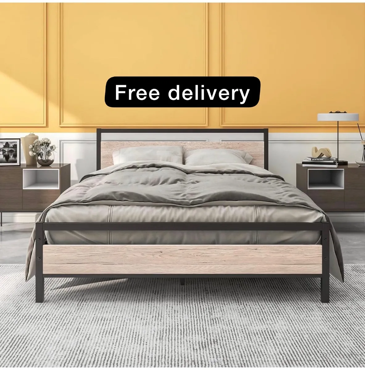 King Size Bed Frame with Wood Headboard - Image 1