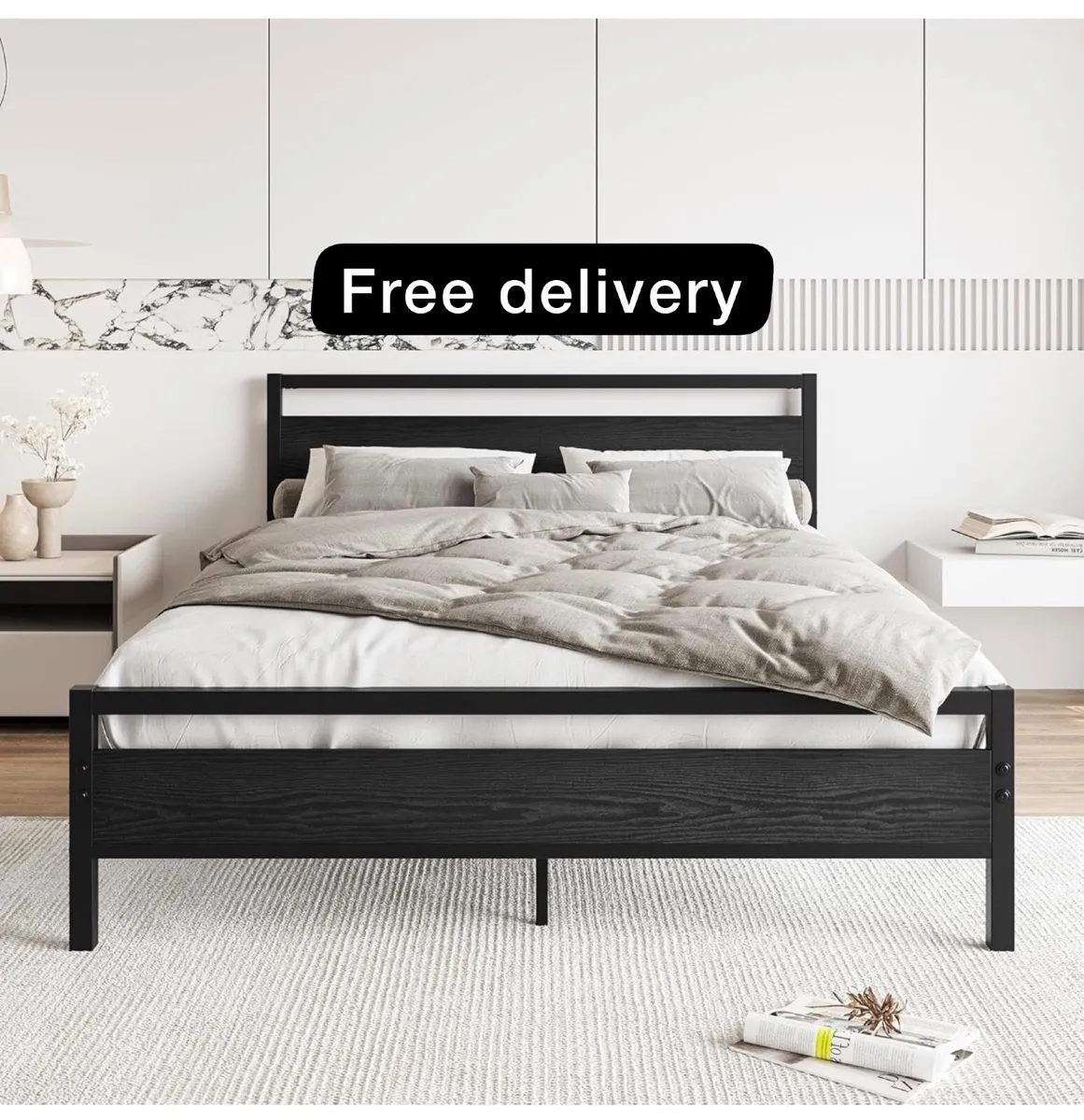 King Size Bed Frame with Wood Headboard,Heavy Duty - Image 1