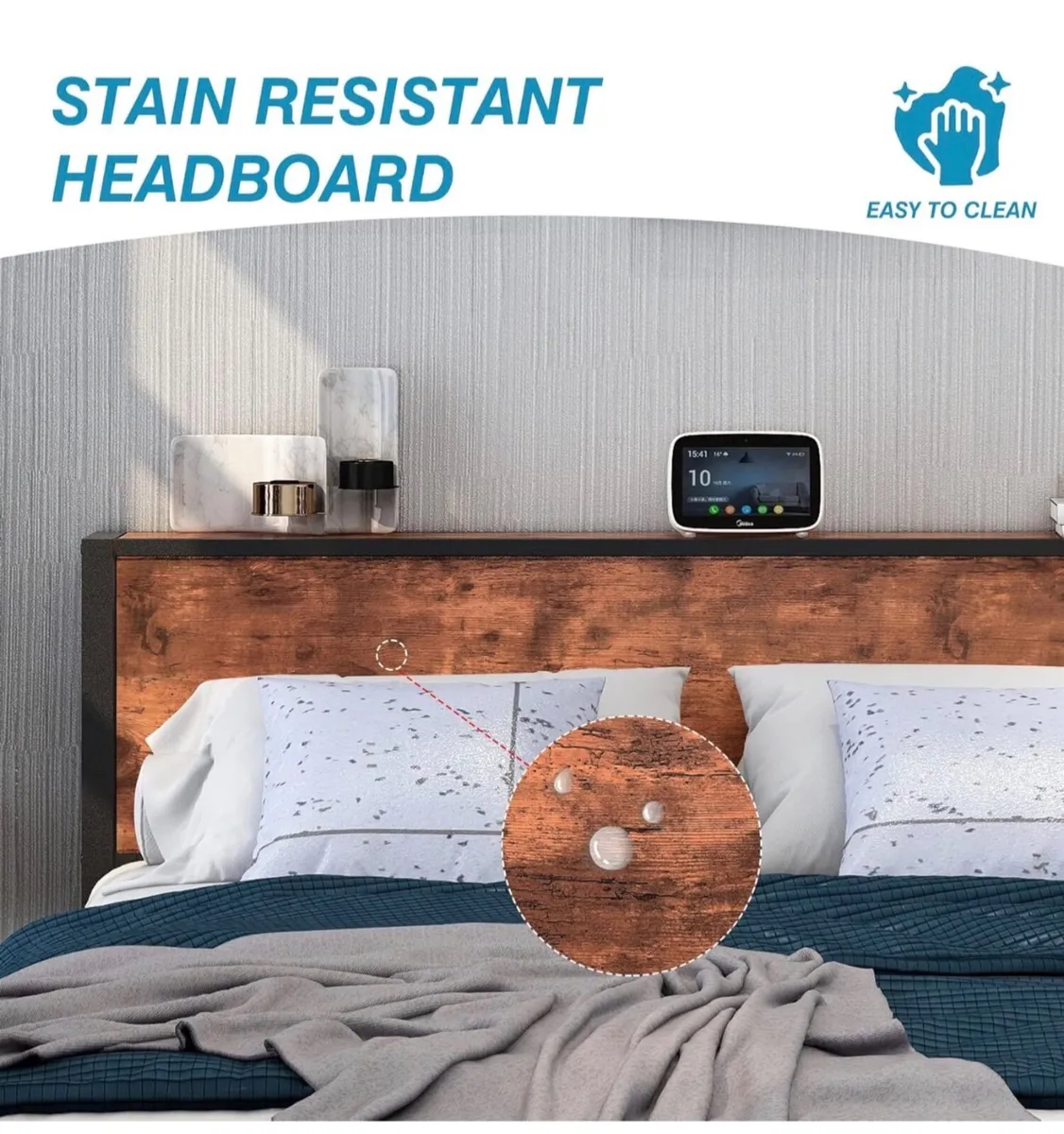 King Size Bed Frame with Storage Wooden Headboard, - Image 2