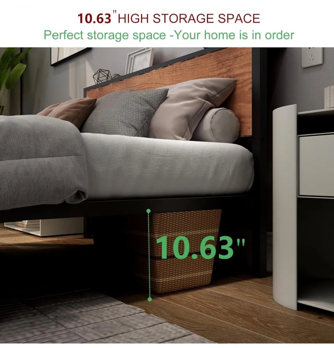 King Size Bed Frame with Storage Wooden Headboard, - Image 4