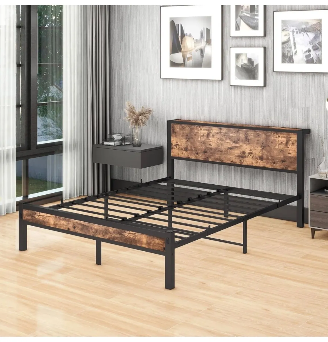King Size Bed Frame with Storage Wooden Headboard, - Image 3