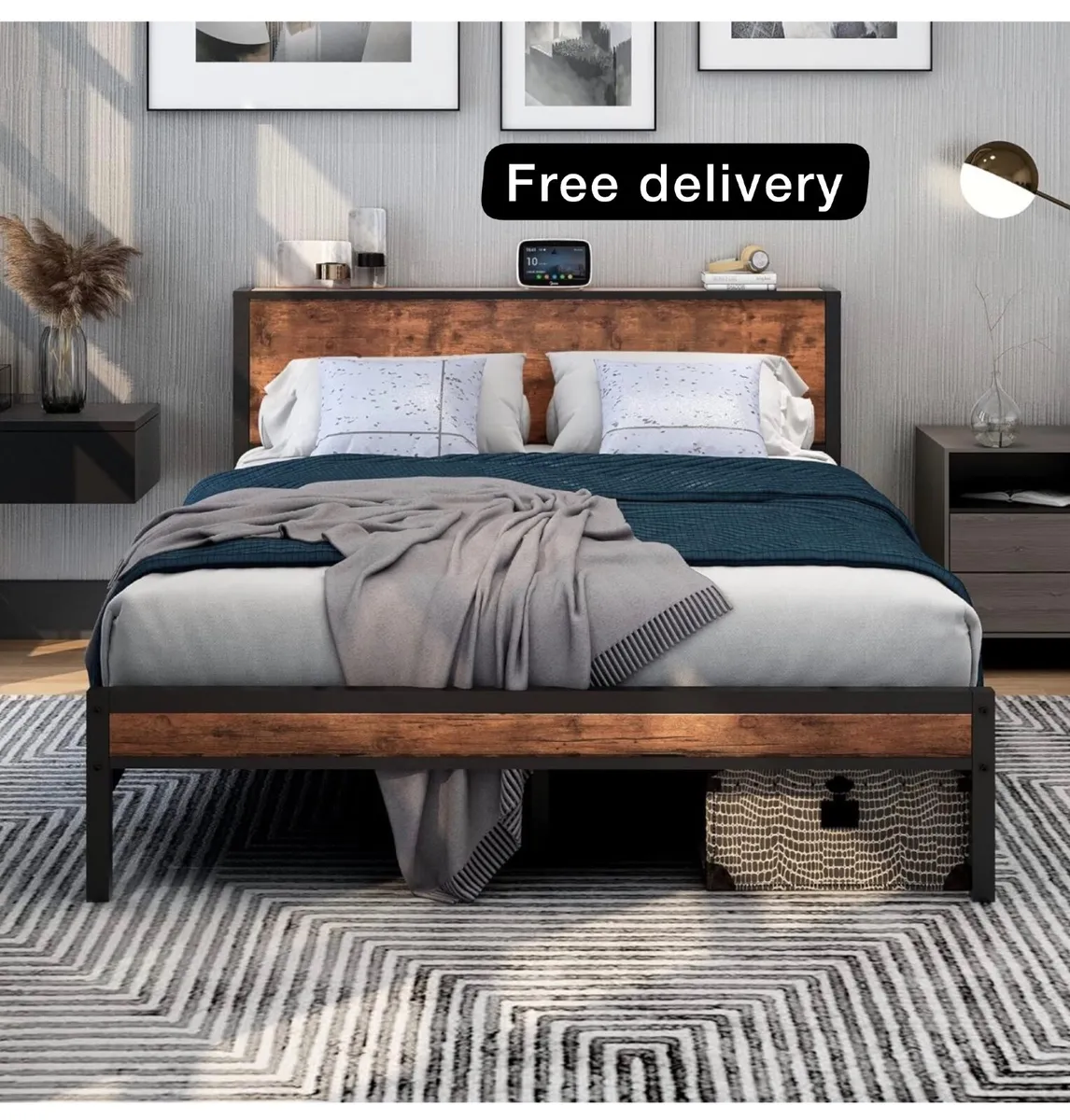 King Size Bed Frame with Storage Wooden Headboard, - Image 1