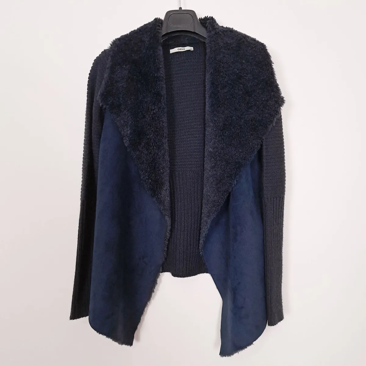 Oasis Navy Blue Faux Fur Suede Knit Cardigan M - Image 1