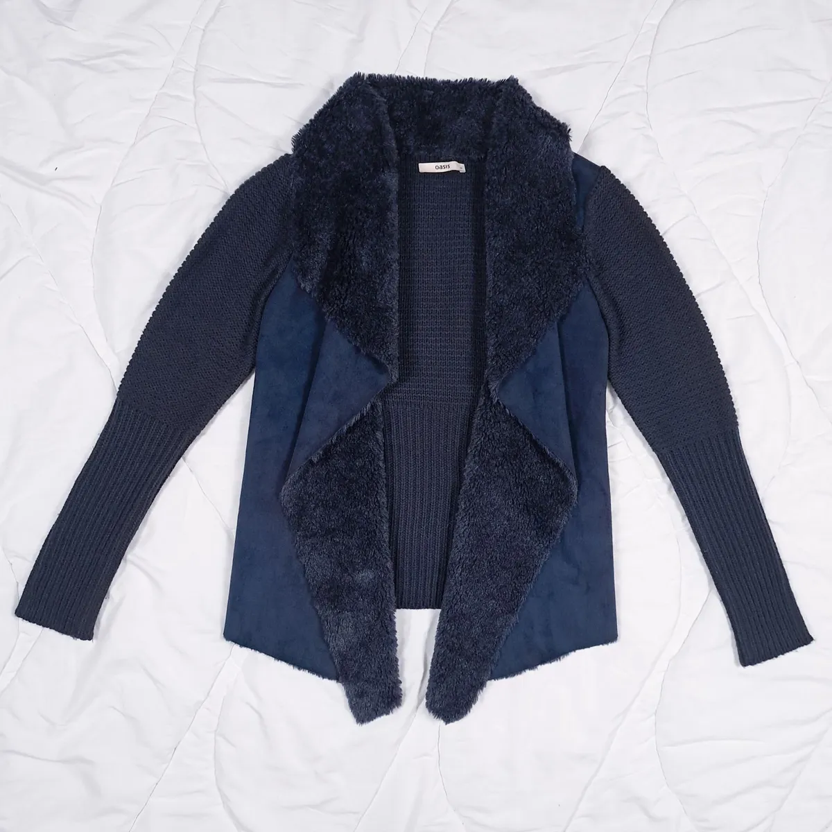 Oasis Navy Blue Faux Fur Suede Knit Cardigan M - Image 3