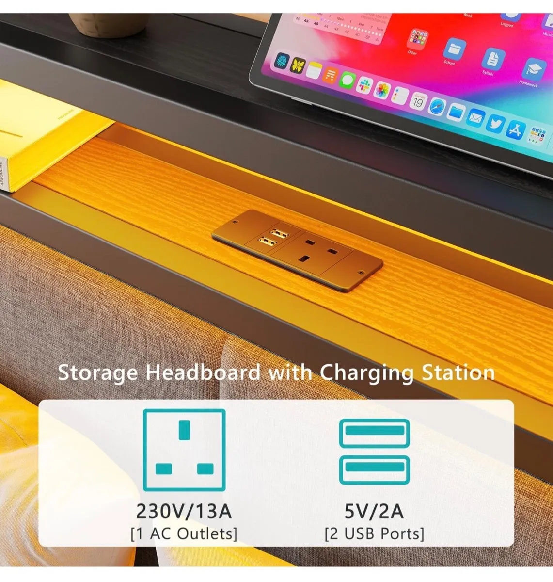 5FT King Size Bed Frame with LED Lights and Chargi - Image 3