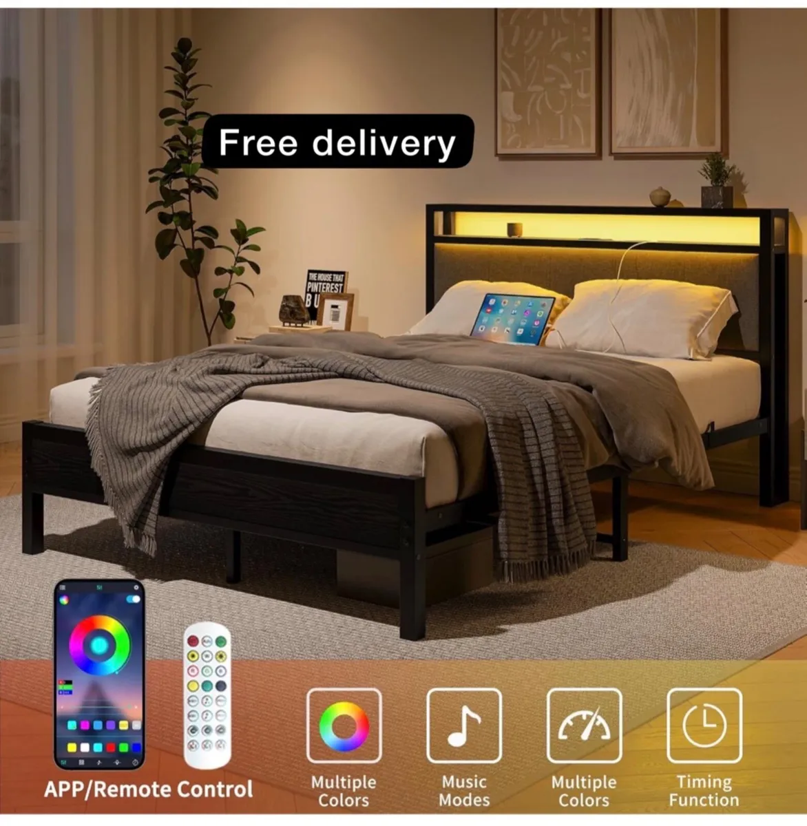 5FT King Size Bed Frame with LED Lights and Chargi - Image 1