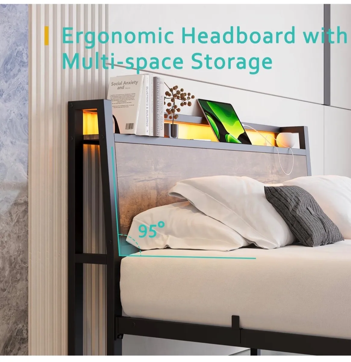 King Size Bed Frame with Charging Station and LED - Image 3