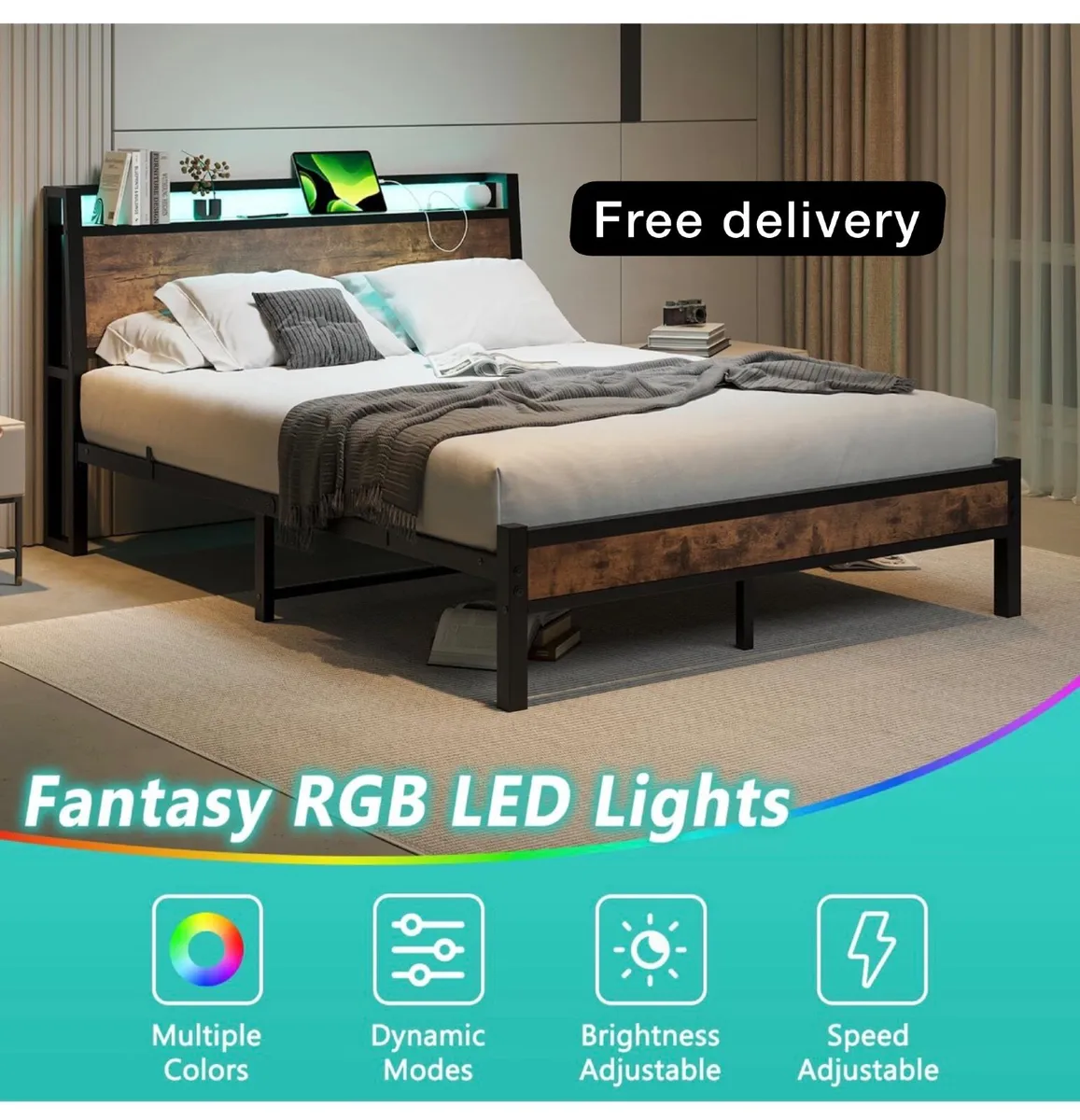 King Size Bed Frame with Charging Station and LED - Image 1