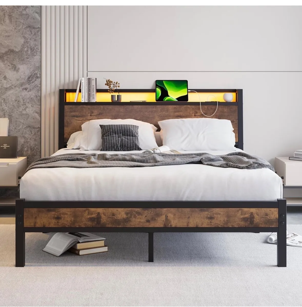 King Size Bed Frame with Charging Station and LED - Image 1